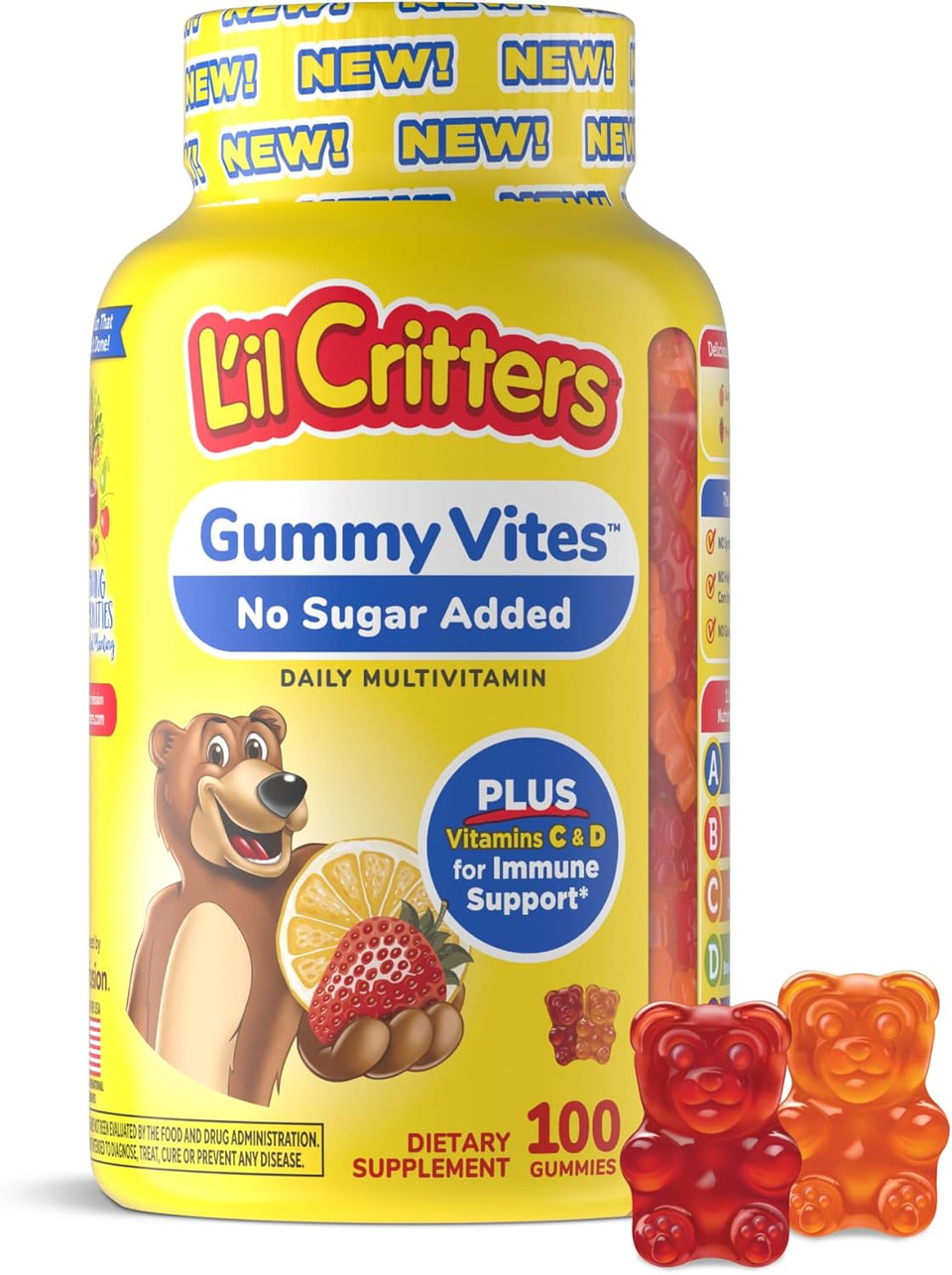 LIl Critters Gummy Vites No Sugar Added Daily Gummy Multivitamin For Ages 2+ Toddlers & Kids, Vitamin C, D3 For Immune, Strawberry And Orange Flavors, 100 Gummies