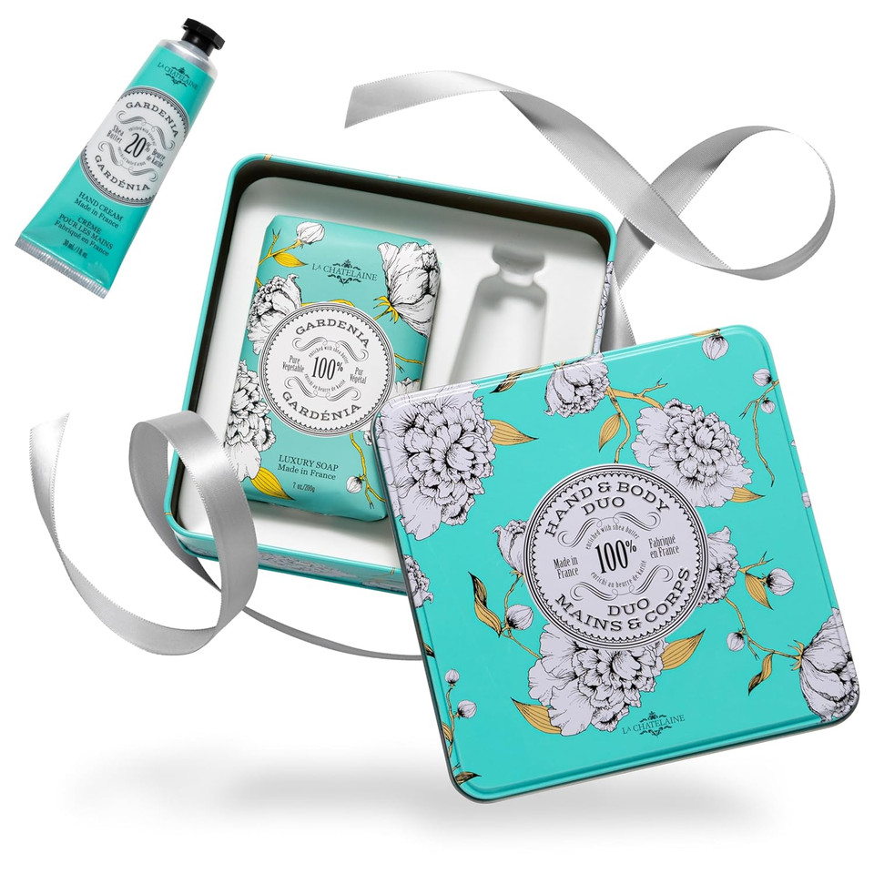 La Chatelaine Lemon Verbena Triple Milled Bar Soap And 20% Shea Butter Hand Cream Gift Set, Decorative Tin, Plant-Based, Natural & Organic, Made In France (7 Oz. Soap Bar, 1 Oz. Hand Lotion)