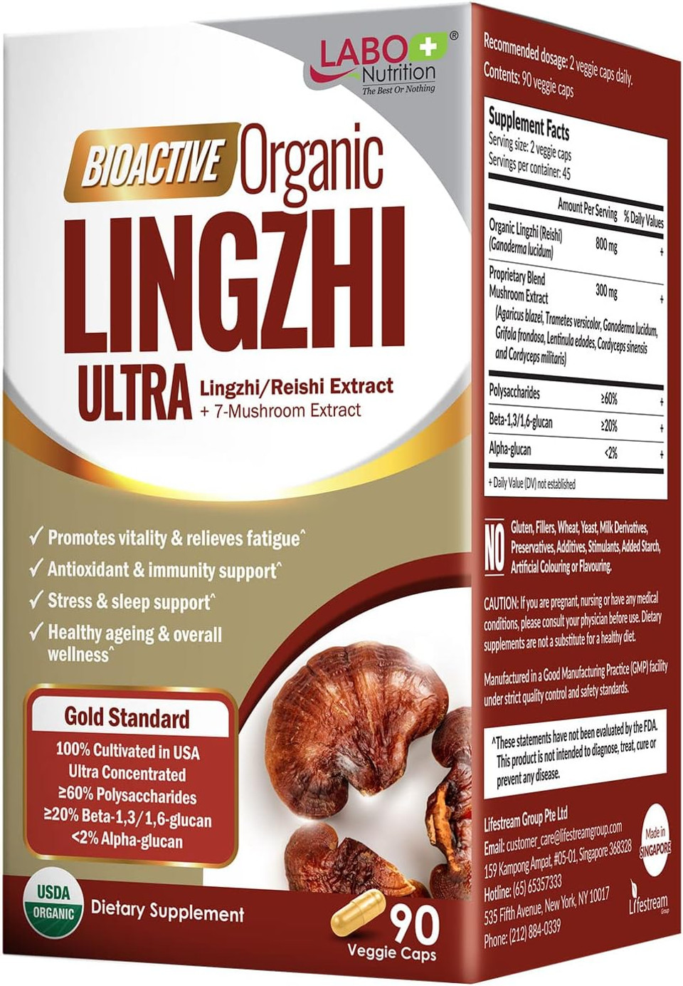 Labo Nutrition Bioactive Organic Lingzhi Reishi Ultra 7 Mushroom Extract Supplement Reishi Cordyceps Maitake Turkey Tail Agaricus Blazei Murill Shiitake For Immune Support, Vitality, Usda Organic
