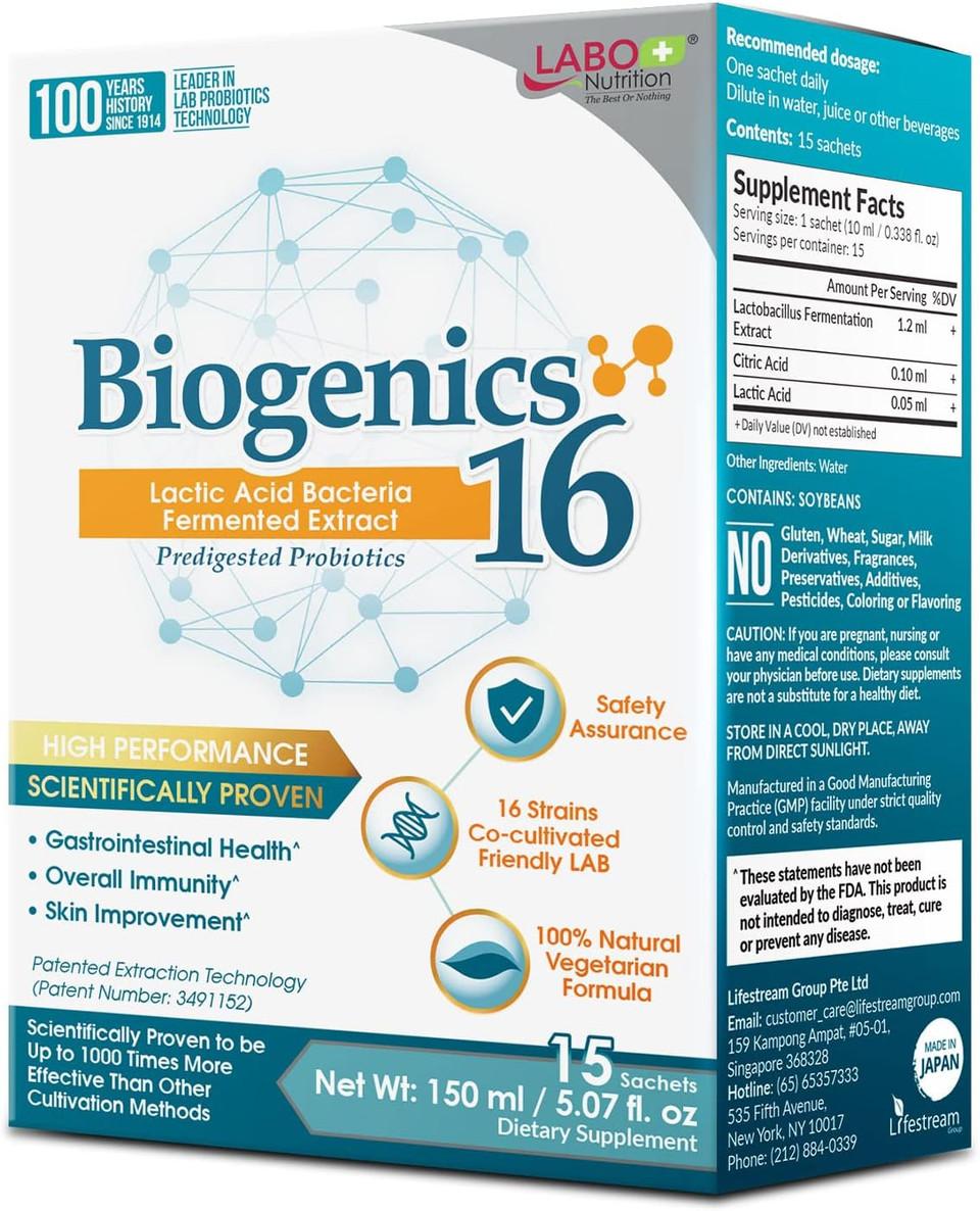 Labo Nutrition Biogenics 16Lactic Acid Bacteria Fermented Extract, 1000X More Effective, Gut Health Support Beyond Probiotics & Prebiotics, Improve Intestinal Skin And Immune Health, 10Mlx15 Sachets
