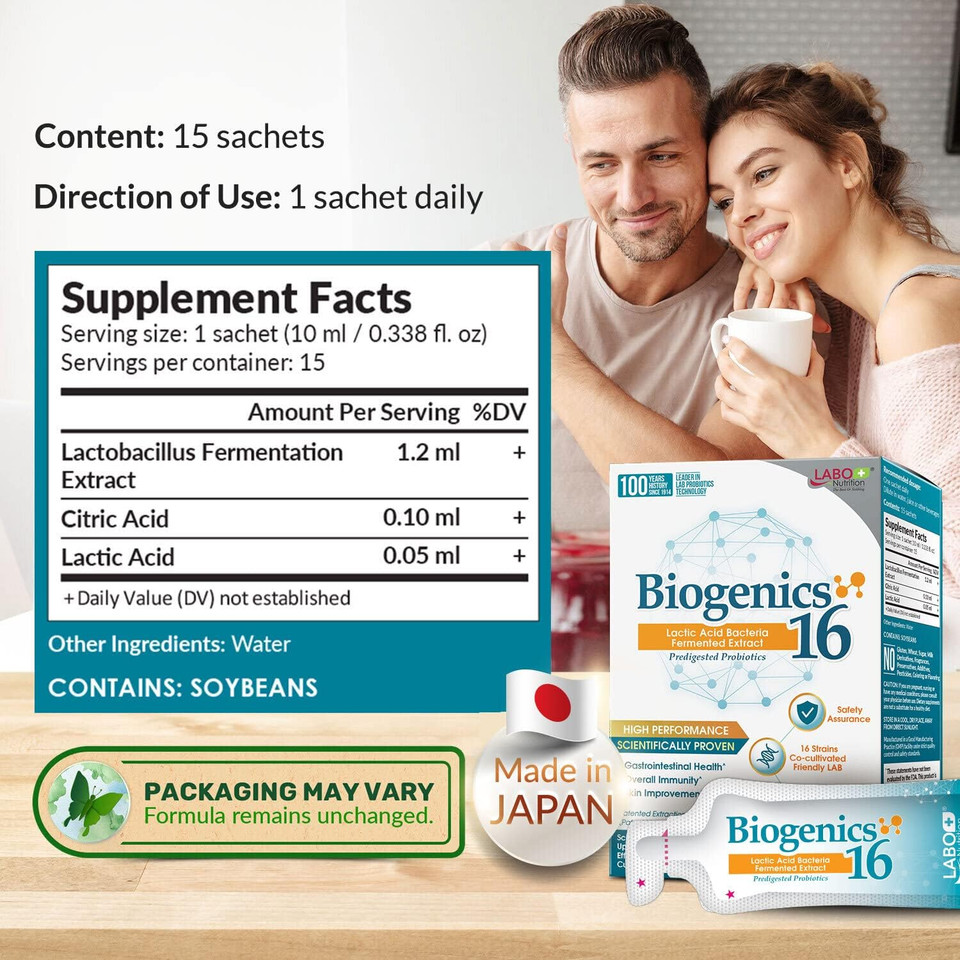 Labo Nutrition Biogenics 16Lactic Acid Bacteria Fermented Extract, 1000X More Effective, Gut Health Support Beyond Probiotics & Prebiotics, Improve Intestinal Skin And Immune Health, 10Mlx15 Sachets