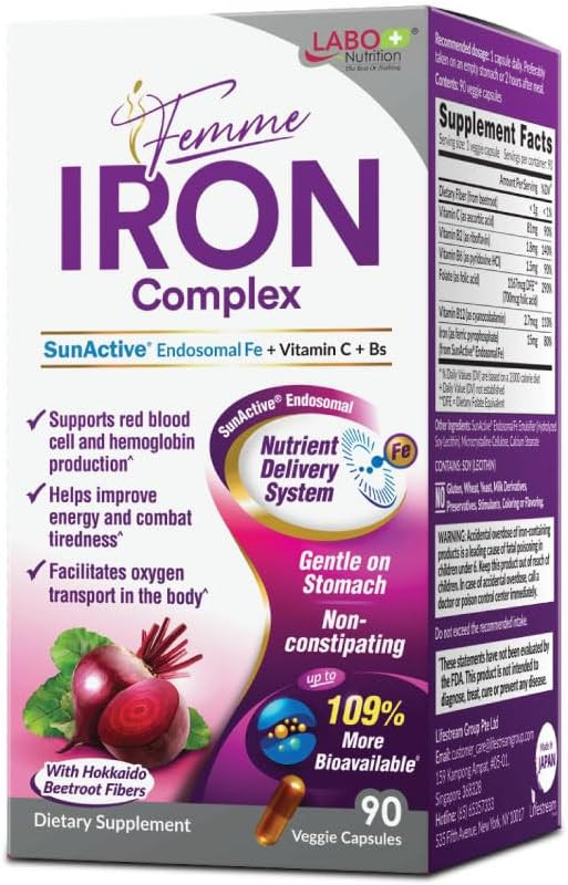 Labo Nutrition Femme Iron Endosomal Sunactive, Non-Irritating 15Mg Iron Supplement For Blood Builder, Vegan, Gentle, No Metallic Aftertaste, Non Constipating, Ideal For Sensitive Stomachs, 90 Count