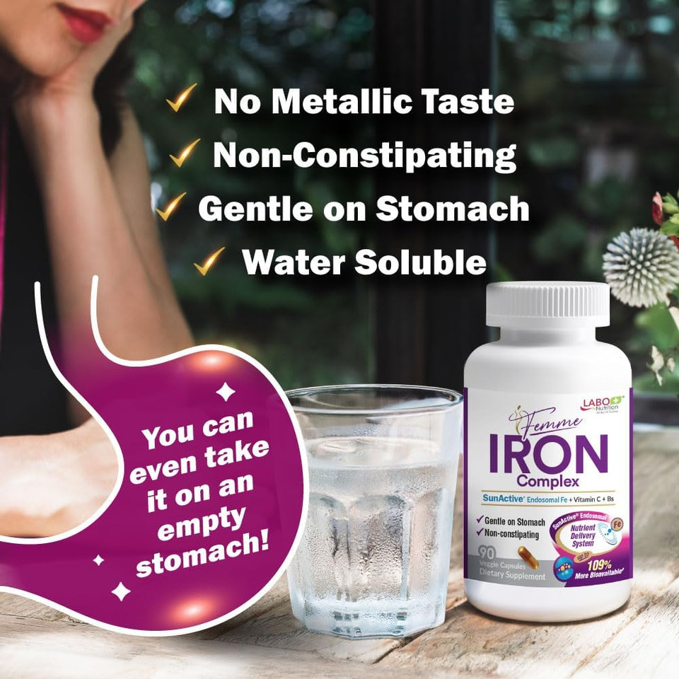 Labo Nutrition Femme Iron Endosomal Sunactive, Non-Irritating 15Mg Iron Supplement For Blood Builder, Vegan, Gentle, No Metallic Aftertaste, Non Constipating, Ideal For Sensitive Stomachs, 90 Count