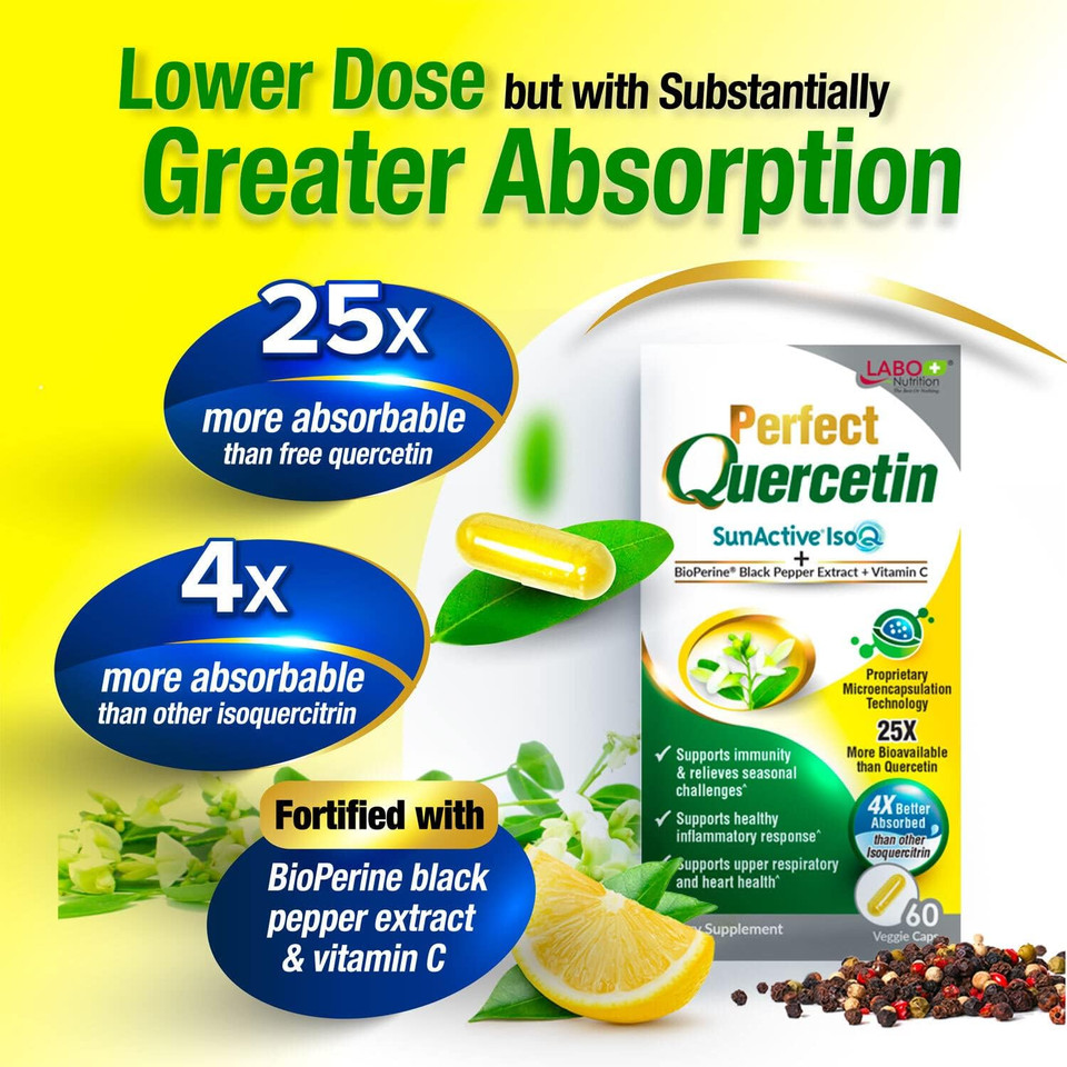 Labo Nutrition Perfect Quercetin Sunactive Isoq Bioflavonoids, Vitamin C, 25X More Bioavailable, For Immune, Allergy, Sinus Relief, And Cardiovascular Support - Healthy Inflammation Response - 60S
