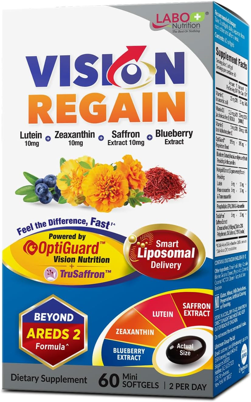 Labo Nutrition Visionregain, Eye Vitamin Beyond Areds 2 Formula With Lutein, Zeaxanthin, Saffron Extract, Blueberry For Macular And Retinal Health, Eye Fatigue, Night Vision Support 60 Counts