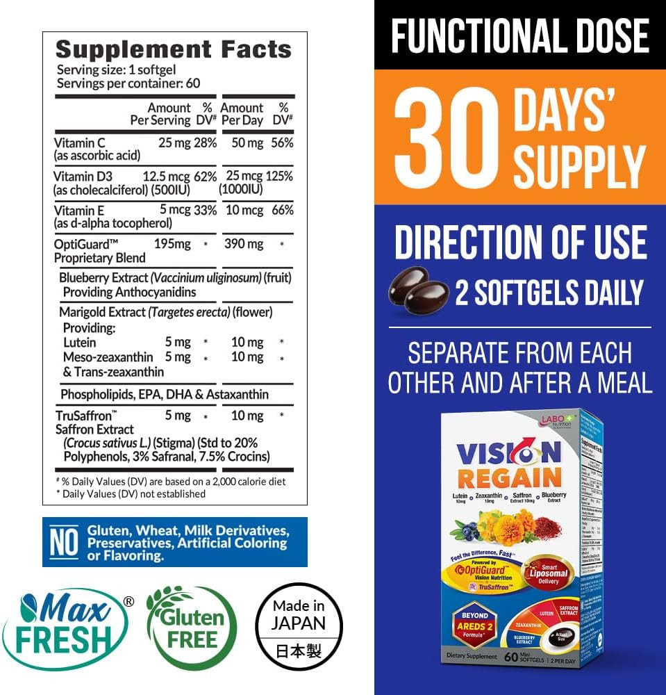 Labo Nutrition Visionregain, Eye Vitamin Beyond Areds 2 Formula With Lutein, Zeaxanthin, Saffron Extract, Blueberry For Macular And Retinal Health, Eye Fatigue, Night Vision Support 60 Counts