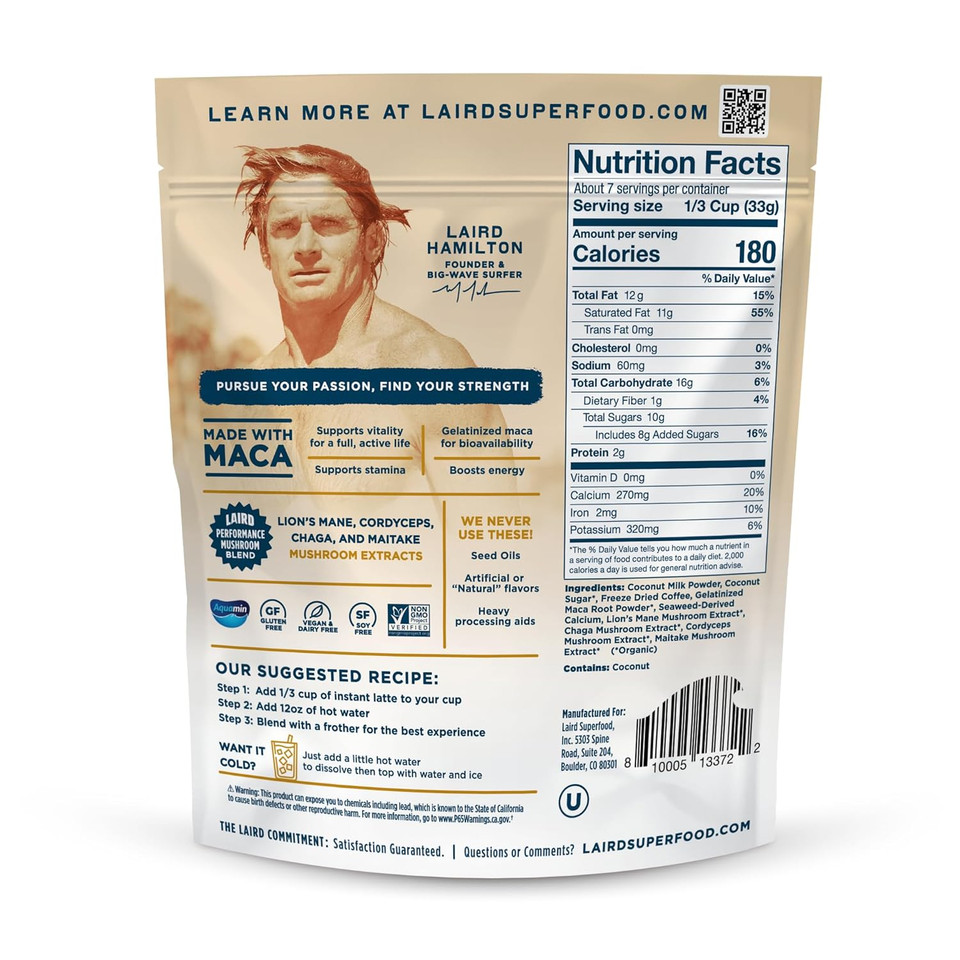 Laird Superfood Instant Latte Sweet & Creamy, Non-Dairy, Superfood Creamer, Gluten Free, Non-Gmo, Vegan, 15Pk Sachets