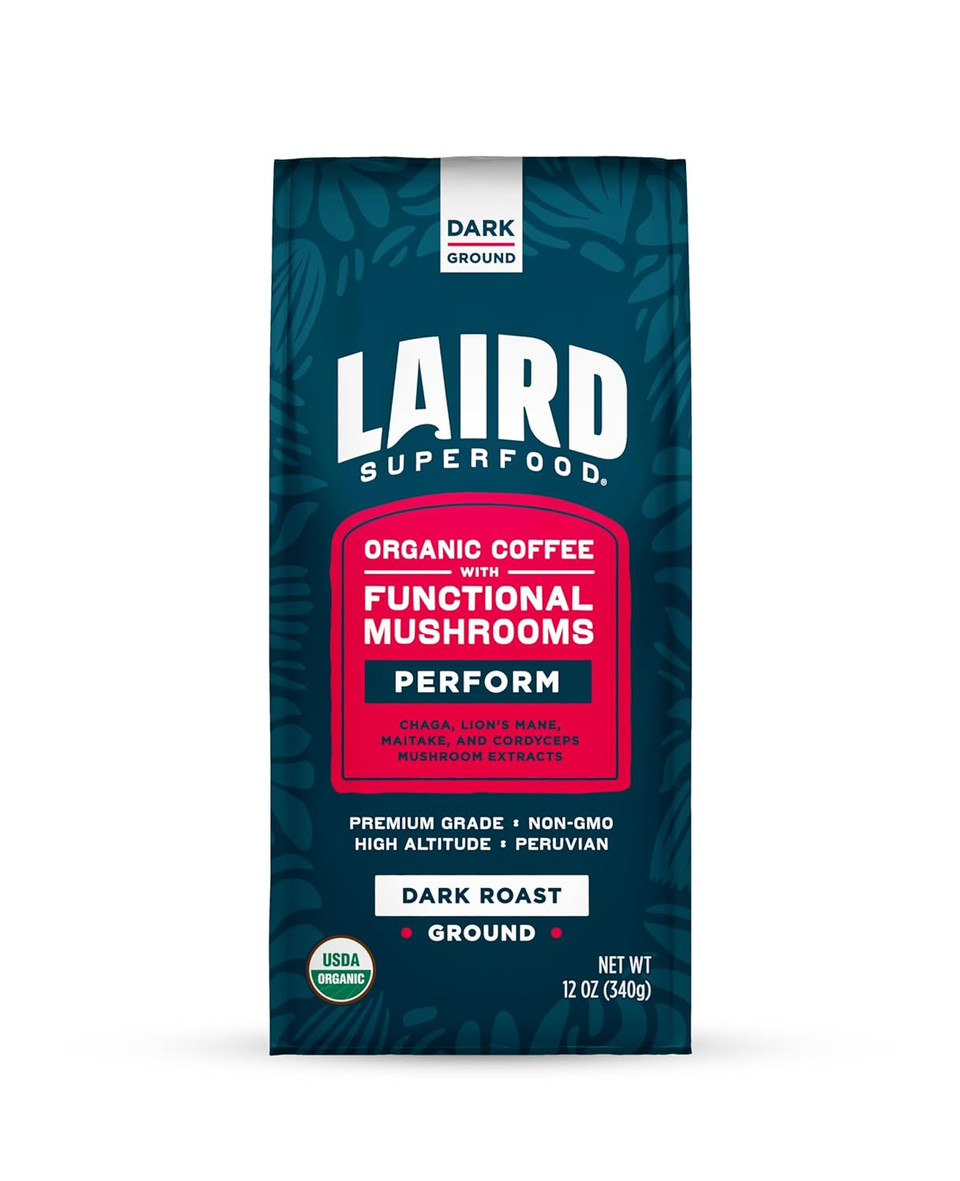 Laird Superfood Peruvian Dark Roast Coffee With Functional Mushrooms, Certified Organic Peruvian Ground Coffee Beans, Gluten-Free, Dairy-Free, Non-Gmo, Paleo, Keto Friendly, 12 Oz. Bag