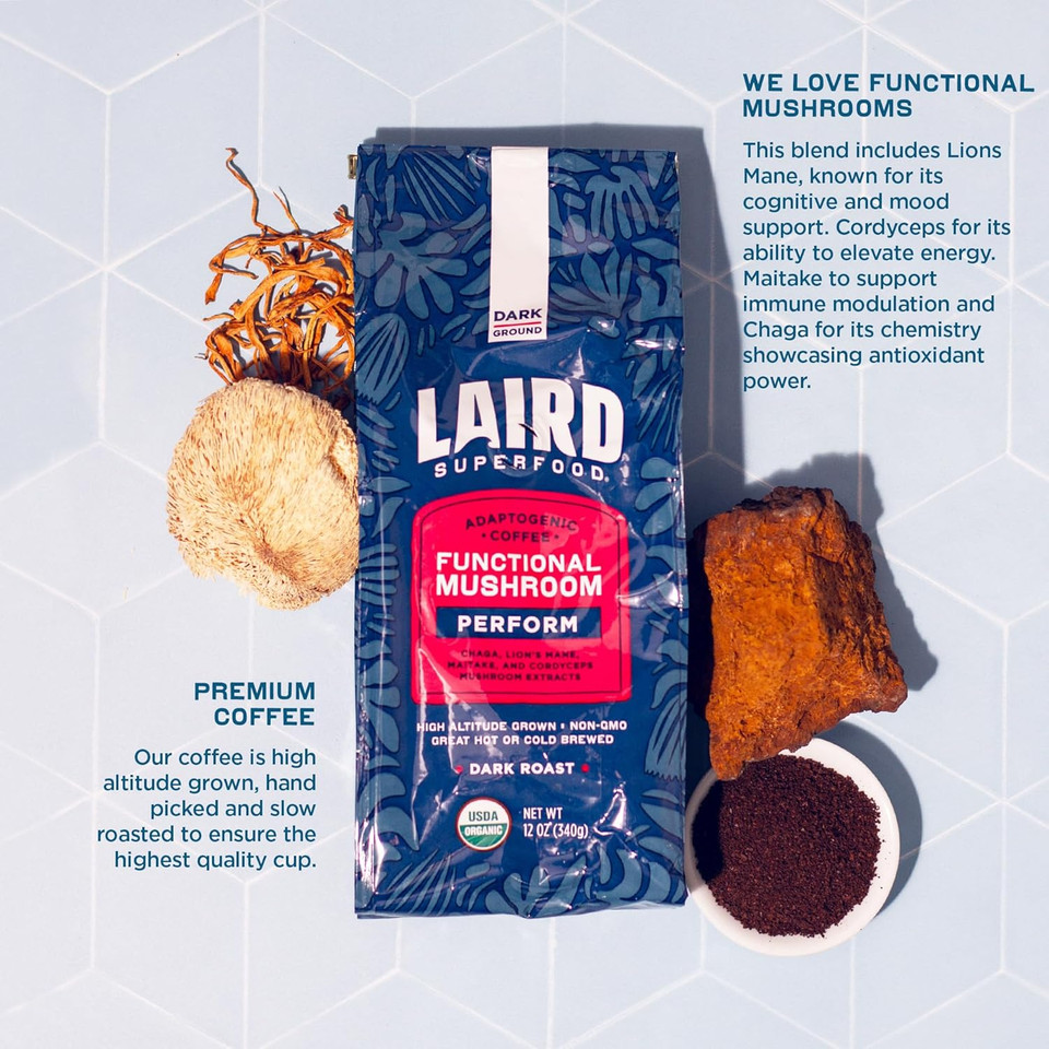 Laird Superfood Peruvian Dark Roast Coffee With Functional Mushrooms, Certified Organic Peruvian Ground Coffee Beans, Gluten-Free, Dairy-Free, Non-Gmo, Paleo, Keto Friendly, 12 Oz. Bag