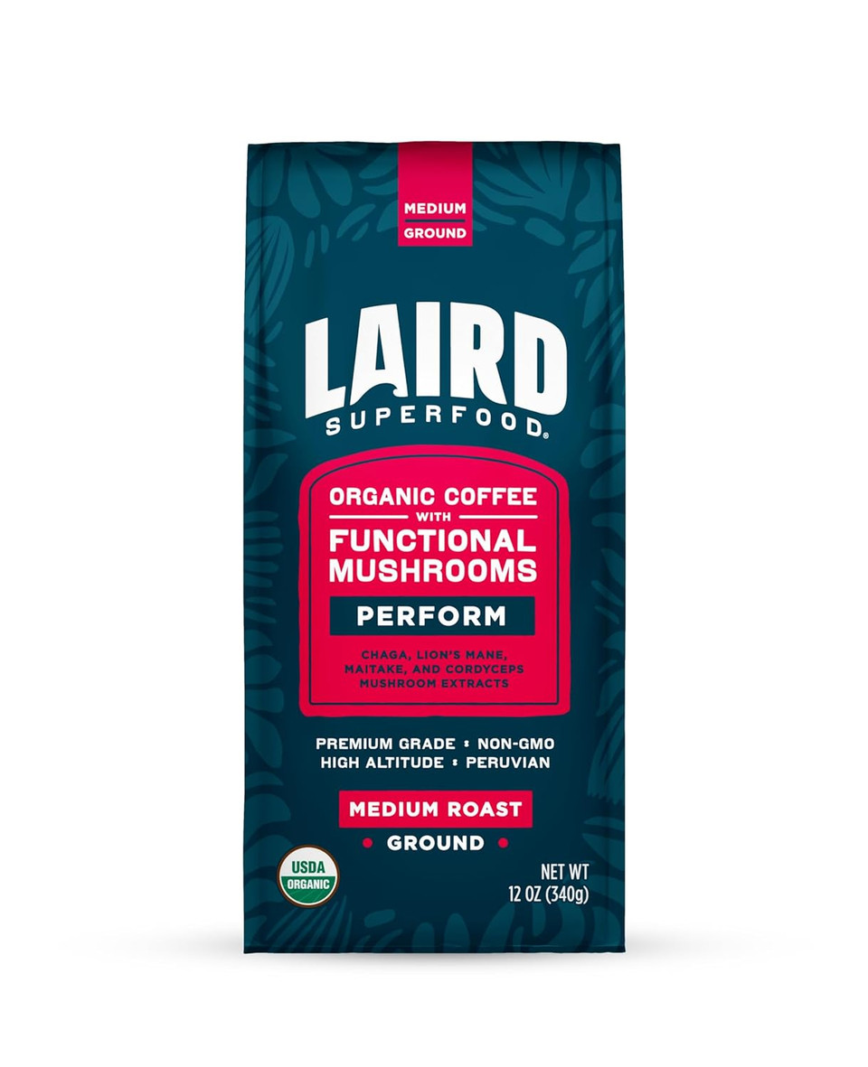 Laird Superfood Peruvian Medium Roast Coffee With Functional Mushrooms, Certified Organic Peruvian Ground Coffee Beans, Gluten-Free, Dairy-Free, Non-Gmo, Paleo, Keto Friendly, 12 Oz. Bag