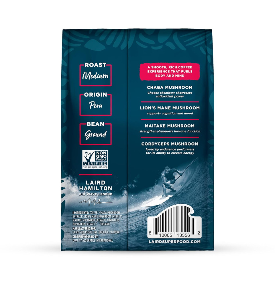 Laird Superfood Peruvian Medium Roast Coffee With Functional Mushrooms, Certified Organic Peruvian Ground Coffee Beans, Gluten-Free, Dairy-Free, Non-Gmo, Paleo, Keto Friendly, 32 Oz. Bag