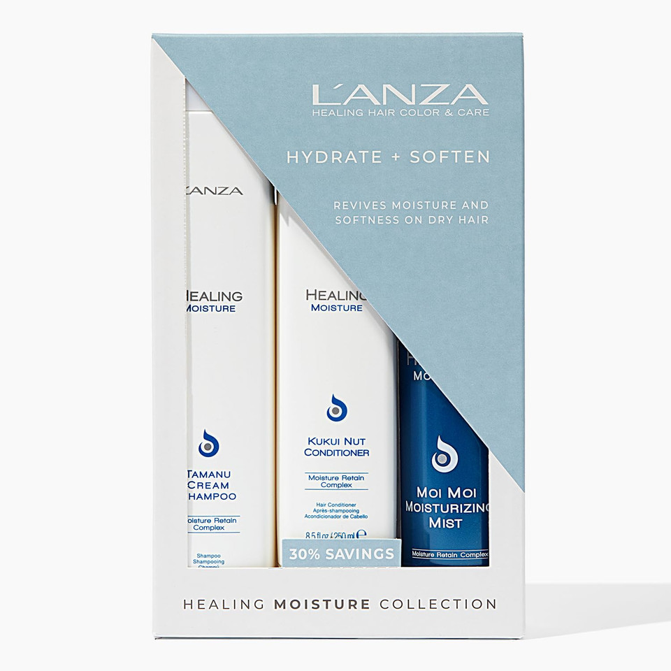 L'Anza Healing Moisture Trio Hair Kit, Tamanu Cream Shampoo, Kukui Nut Conditioner & Moi Moi Moisturizing Mist Hairspray In A Gift Box, Luxury Hair Care Kit (10.1/8.5/6.8 Fl Oz)