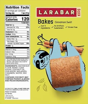 Larabar Kids, Bakes Cinnamon Swirl, Gluten Free Snack Bars, 6 Ct, 5.76 Oz
