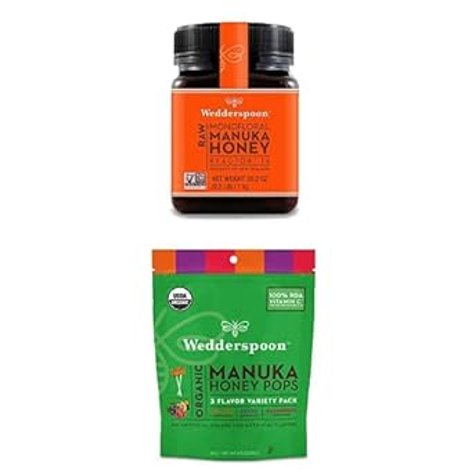 Bundle - Wedderspoon Raw Premium Manuka Honey Kfactor 16 (35.2 Oz) And Manuka Honey Lollipops (24 Count)