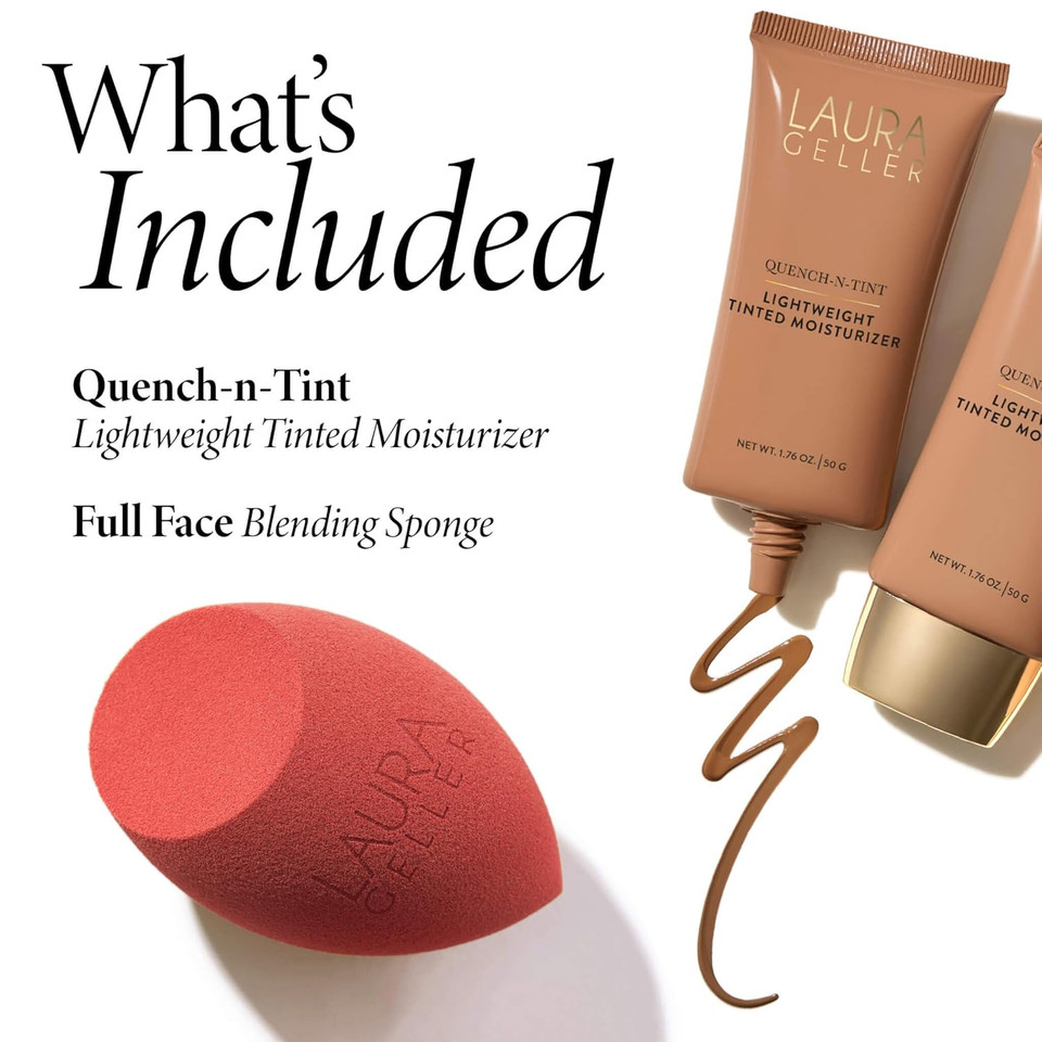 Laura Geller Quench-N-Tint Hydrating Lightweight Tinted Moisturizer, Light/Medium + Latex-Free Full Face Makeup Blending Sponge - Sheer Foundation For Daily Use