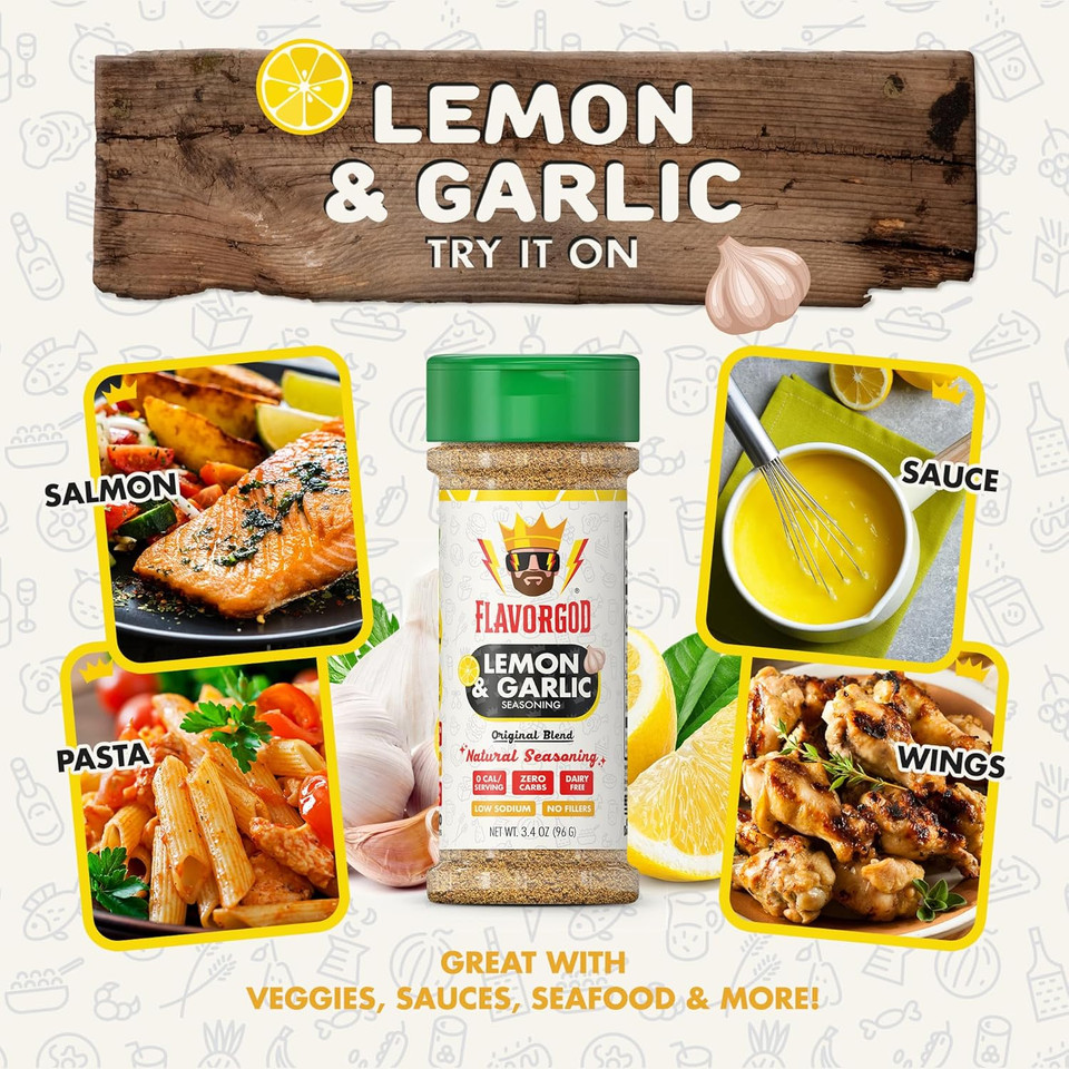 Lemon Garlic Seasoning Mix By Flavor God - Premium All Natural & Healthy Spice Blend For Chicken, Seafood, Salads & Vegetables - Kosher, Low Sodium, Dairy-Free, Vegan & Keto Friendly - Great Flavor Spices And Seasoning Gift
