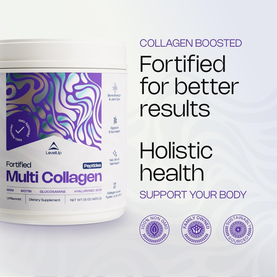 Levelup Multi Collagen Fortified With Biotin, Msm, Hyaluronic Acid, Glucosamine, Collagen Types I, Ii, Iii, V & X, For Joints Hair Skin Nails Gut (Unflavored)