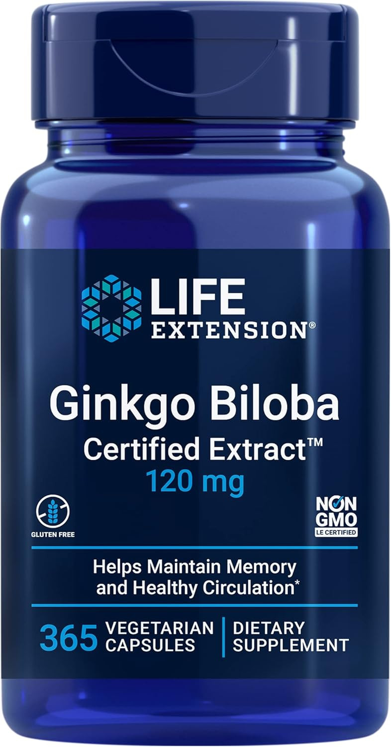 Life Extension Ginkgo Biloba Certified Extract, 120 Mg, Helps Maintain Memory & Cognition, Gluten-Free, Non-Gmo, Vegetarian, 365 Capsules
