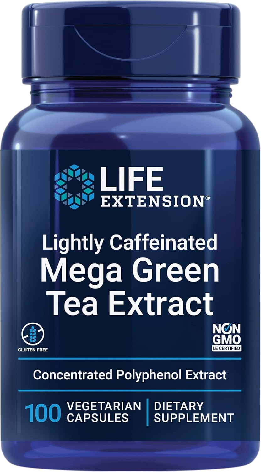 Life Extension Lightly Caffeinated Mega Green Tea Extract, Camellia Sinensis Extract With Concentrated Egcg Polyphenol Content, Gluten-Free, Non-Gmo, Vegetarian, 100 Capsules