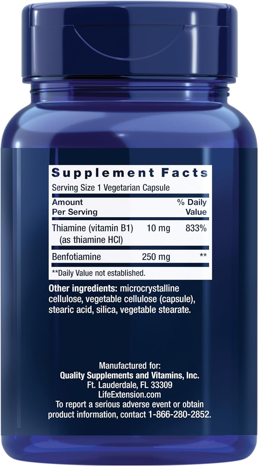 Life Extension Mega Benfotiamine, 250 Mg, 180 Veg Caps With Thiamine - Vitamin B1 Supplement