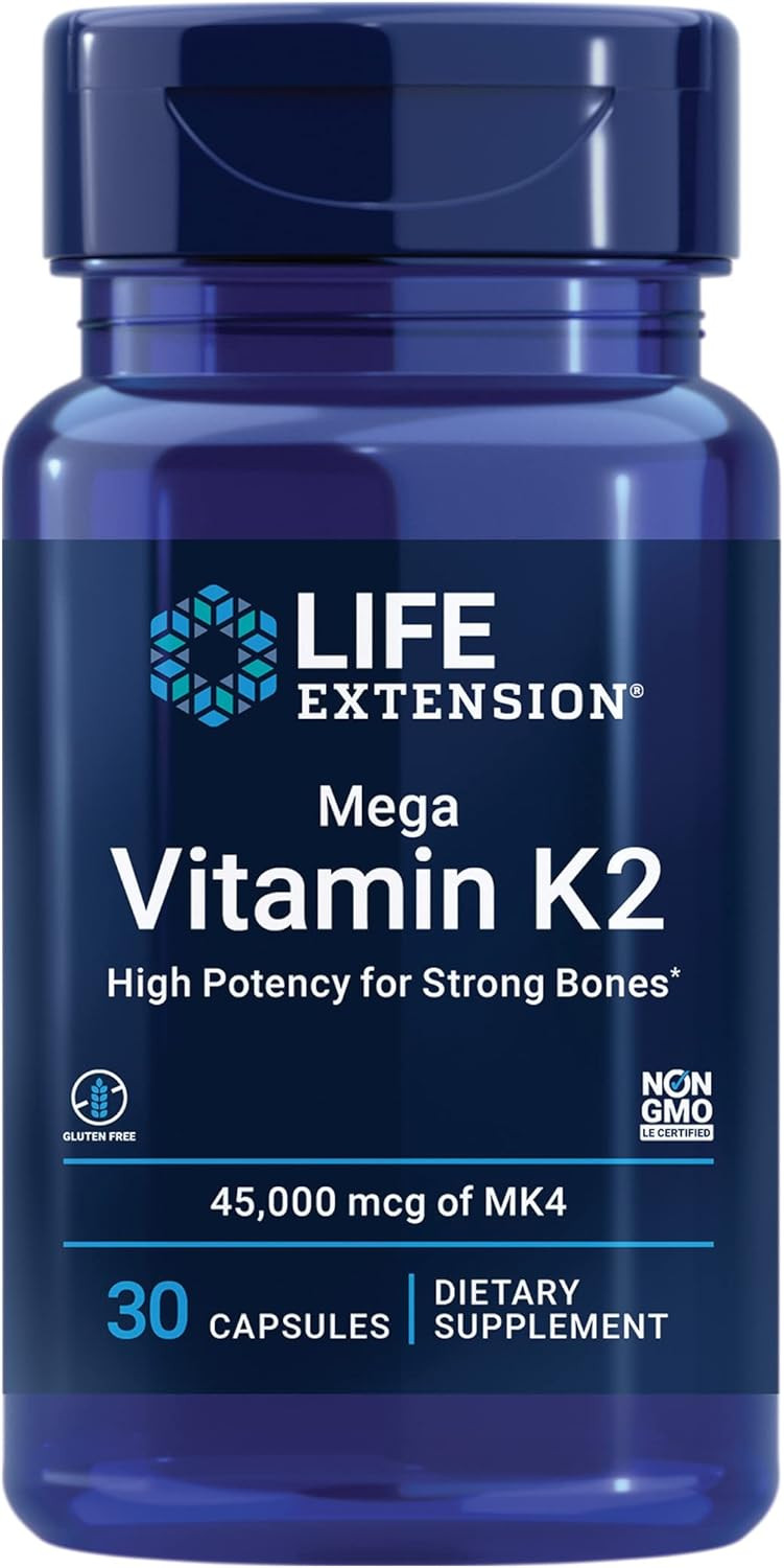 Life Extension Mega Vitamin K2 High Potency For Strong Bones, Clinically Studied 45 Mg K2 Dosage, Promotes Healthy Bone Density, Gluten-Free, Non-Gmo, 30 Capsules