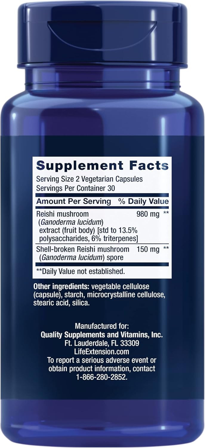 Life Extension Reishi Extract Mushroom Complex - Mushrooms Herbal Supplement For Immune Support  Ganoderma Lucidum Extract - Gluten-Free, Non-Gmo, Vegetarian  60 Capsules