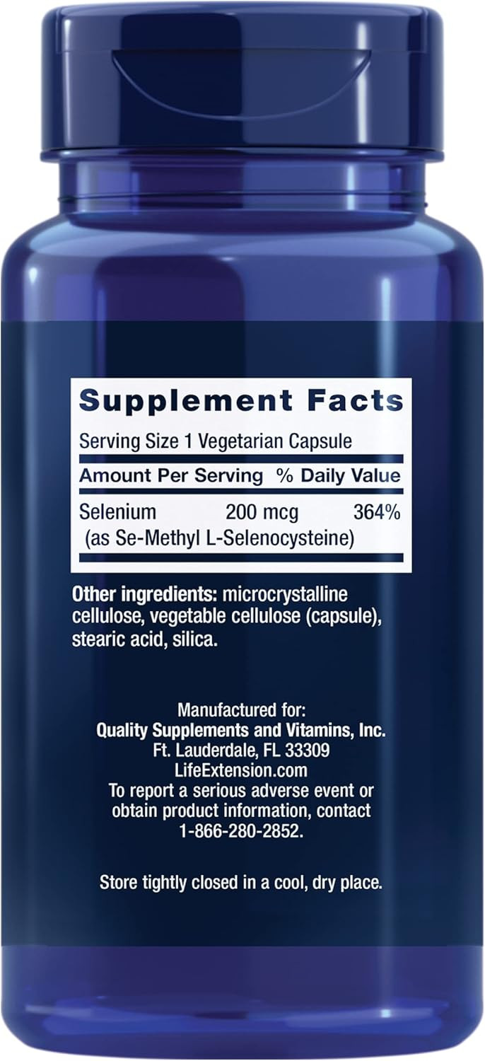 Life Extension Se-Methyl L-Selenocysteine, Advanced Form Of Selenium, Antioxidant Defense, Cellular Health, Healthy Aging, Vegetarian, Gluten-Free, Non-Gmo, 90 Capsules