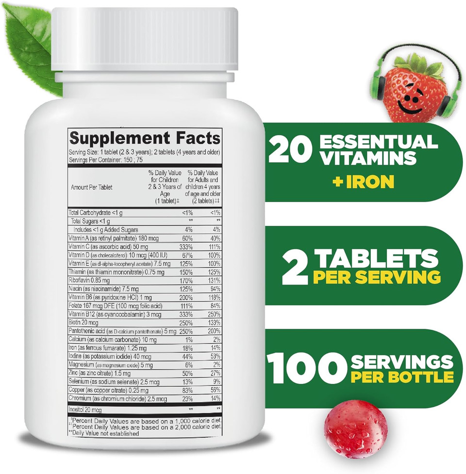 Lifeable Multivitamin & Multimineral With Iron Chewables For Kids  Vegetarian  Gluten Free Vegetarian  Great Tasting - Natural Flavored Pectin Chews With Vitamins A, B, C, D & E  150 Count