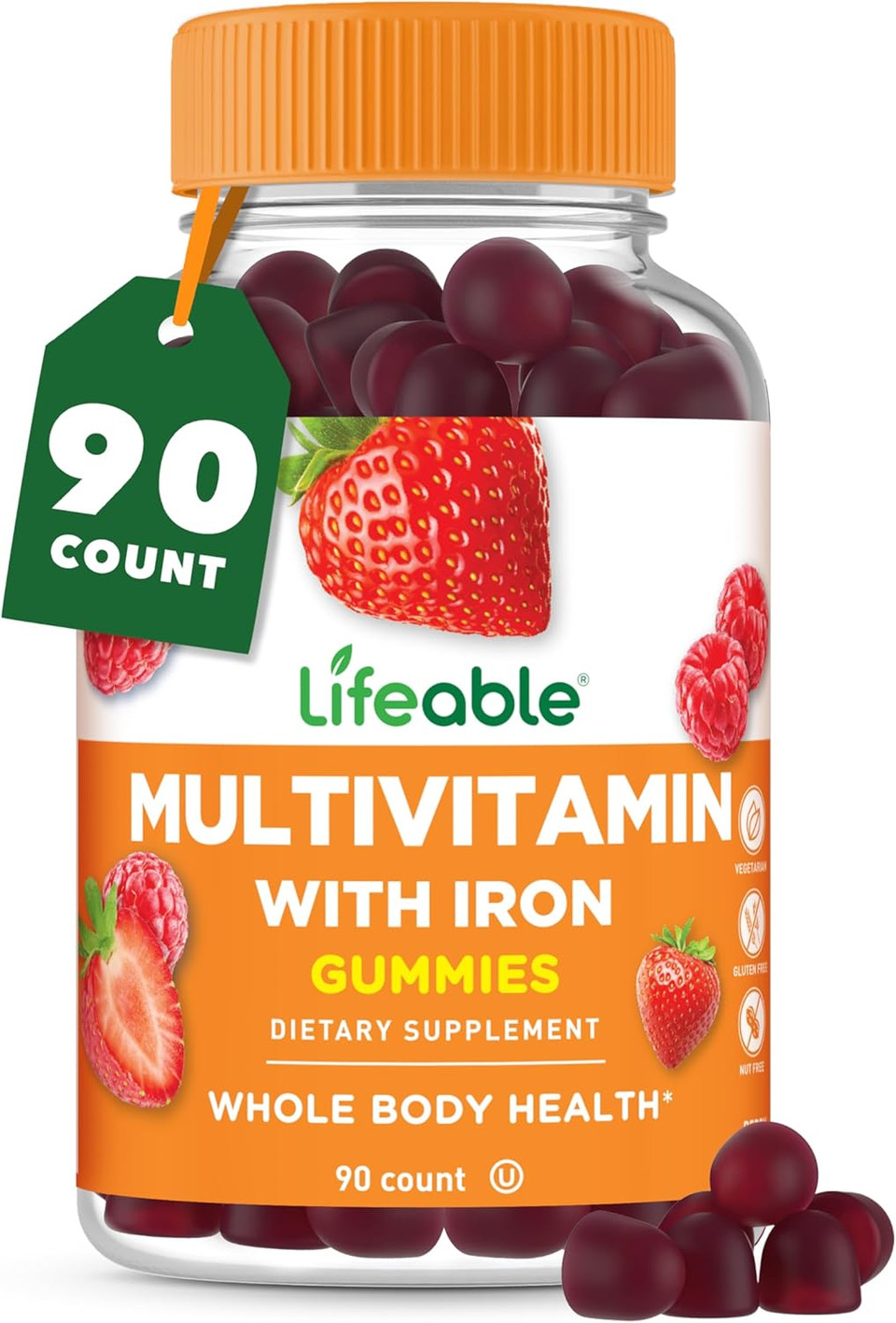 Lifeable Multivitamin With Iron For Adult | 13 Essential Vitamins And Minerals For Men And Women | Great Tasting Naturally Sourced Berry Flavor | Vegetarian Non-Gmo | 90 Gummies