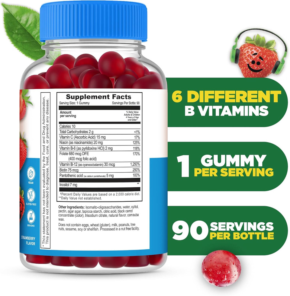 Lifeable Sugar Free Vitamin B Complex For Kids | B-Complex With Vitamin C | Great Tasting Vit B Complex Vitamins | Energy And Nerve Support | Kids B Vitamins Complex For Boys And Girls | 90 Gummies
