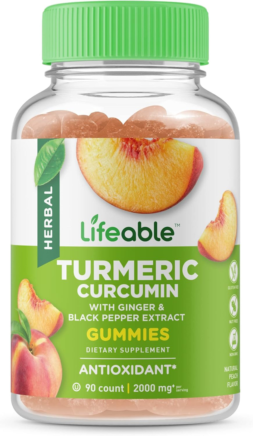 Lifeable Turmeric Curcumin With Ginger & Black Pepper Extract  2000Mg  Great Tasting Natural Flavor Gummy Vegetarian Gmo-Free Supplement  90 Gummies