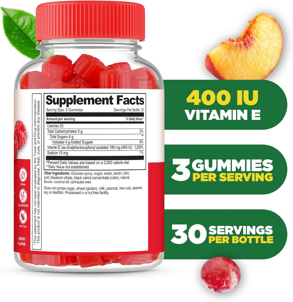 Lifeable Vitamin E Gummies | 400 Iu | Great Tasting Vitamin E Supplements | Skin, Eye Health And Immune Function Support | Vit E For Adults, Men, Women | 90 Gummies