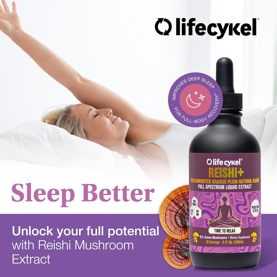 Lifecykel - Reishi Mushroom Extract W/Kakadu Plum- Adaptogen For Sleep Help, Relaxation & Cellular Support- 100% Organic Mushrooms, Antioxidants Vitamin C, 2Oz (Packaging May Vary)