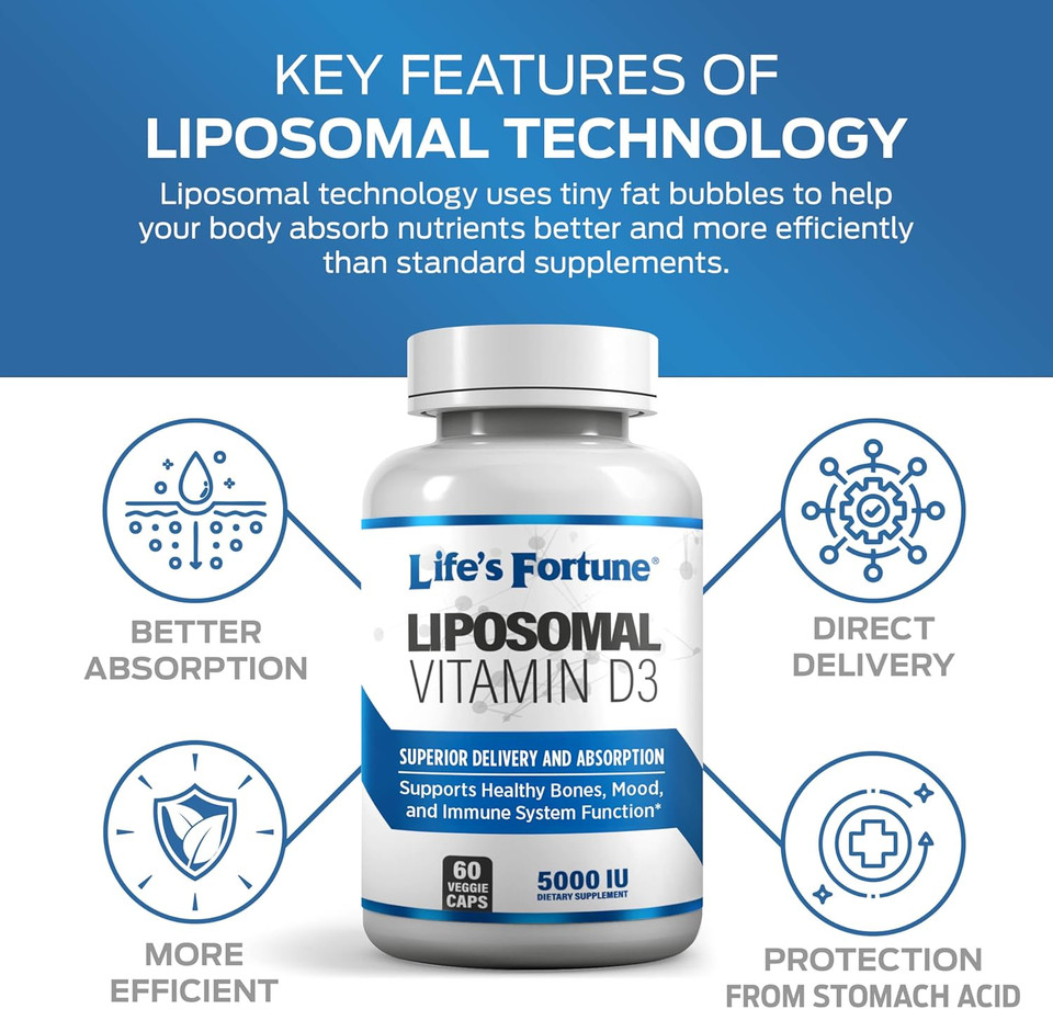 Life'S Fortune Liposomal Vitamin D3 5000 Iu Supplement Non-Gmo, High Absorption, Supports Healthy Bones Mood And Immune System Function, 60 Veggie Caps