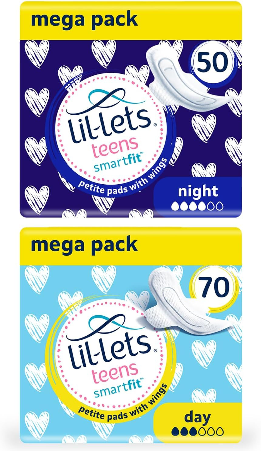 Lil-Lets Day And Night Teens Pads Bundle With Lil-Lets Teens Day Pads X 70 Count And Lil-Lets Teens Night Pads X 50 Count