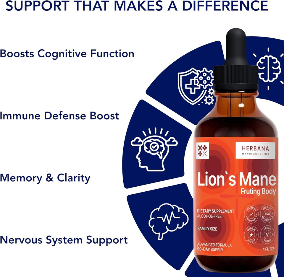 Lion'S Mane 4 Fl Oz Liquid Extract - Natural Mushroom Drops - Tincture For Brain, Memory, Mental Clarity & Focus - Immune Support - High Potency Formula - 90-Day Supply