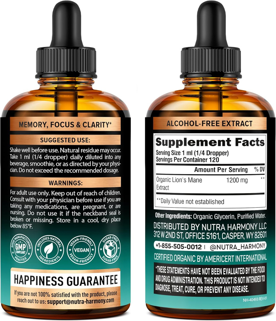 Lions Mane Liquid - Usda Certified Organic Lions Mane Supplement - Brain Support, Energy, Memory & Focus - Sugar & Alcohol-Free Lion'S Mane Mushroom Extract 72,000 Mg / Bottle - 4Fl Oz, 4 Month Supply