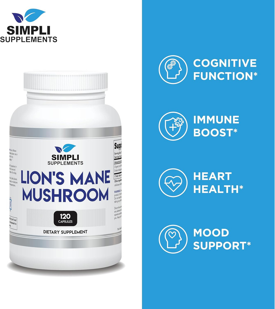 Lion'S Mane Mushroom Capsules | Organic Real Mushrooms Lions Mane Powder Supplement For Cognitive Function & Immune Support | Brain And Memory Booster | Vegan | 120 Capsules (2 Month Supply)