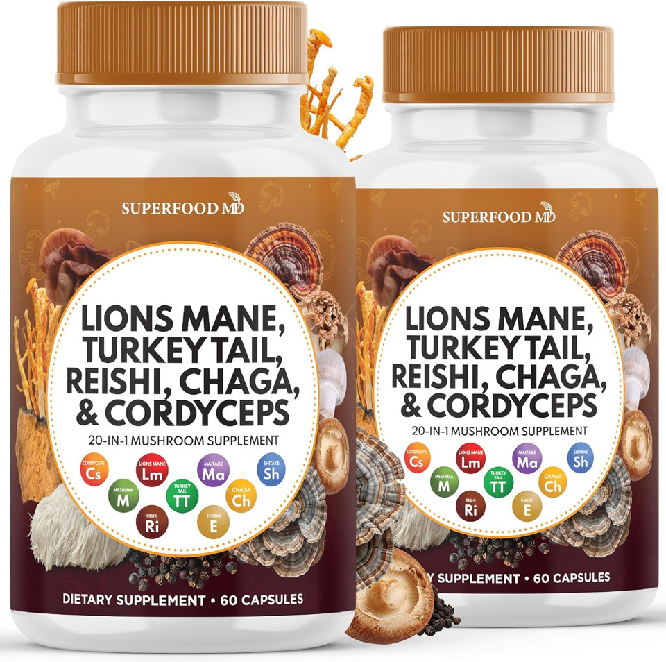 Lions Mane Mushroom Supplement With Turkey Tail Reishi Cordyceps Chaga With Marshmallow Root - 60 Count