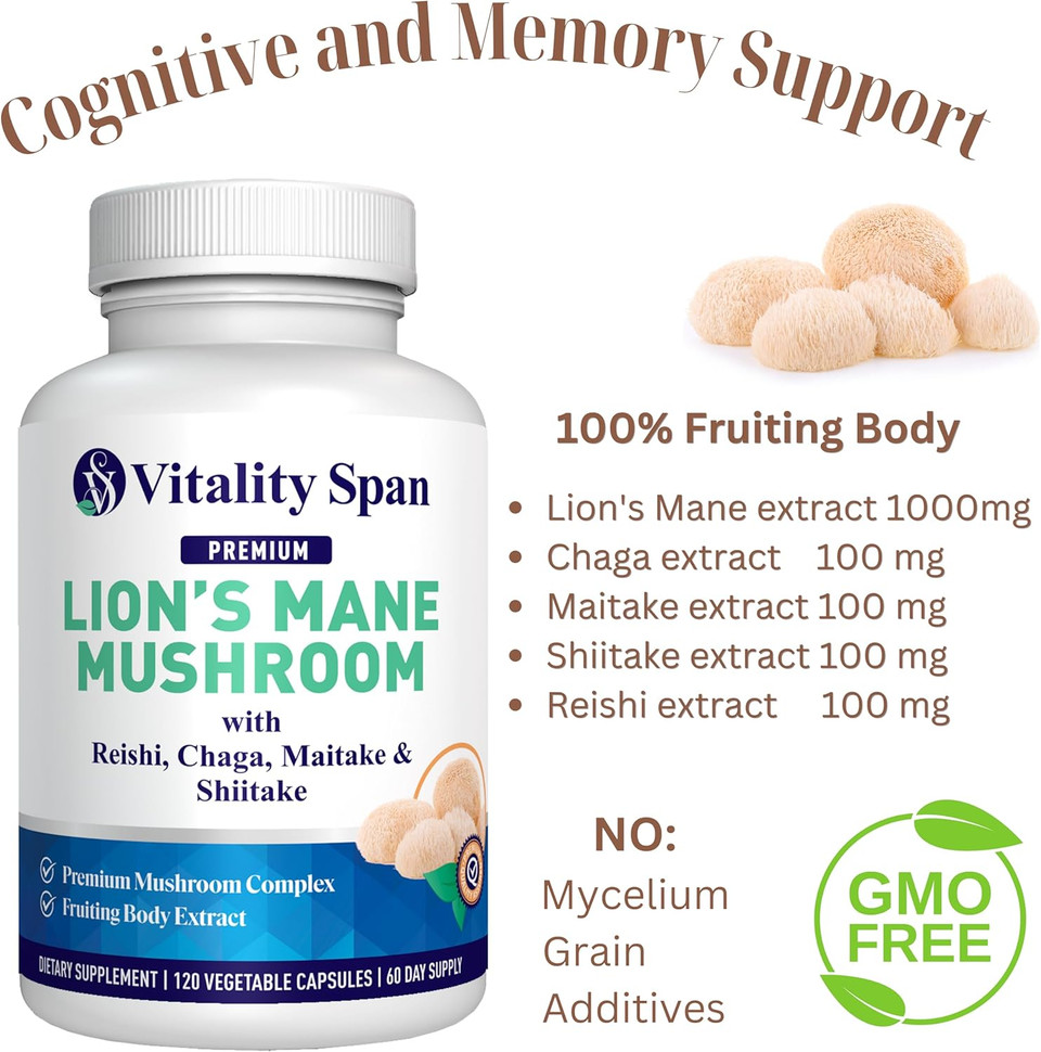 Lions Mane Supplement Capsules - Mushroom Extract: Chaga, Maitake, Reishi & Shiitake Mushrooms | Pure Fruiting Body | Mental Clarity, Focus, Cognitive Support | 120 Veggie Caps