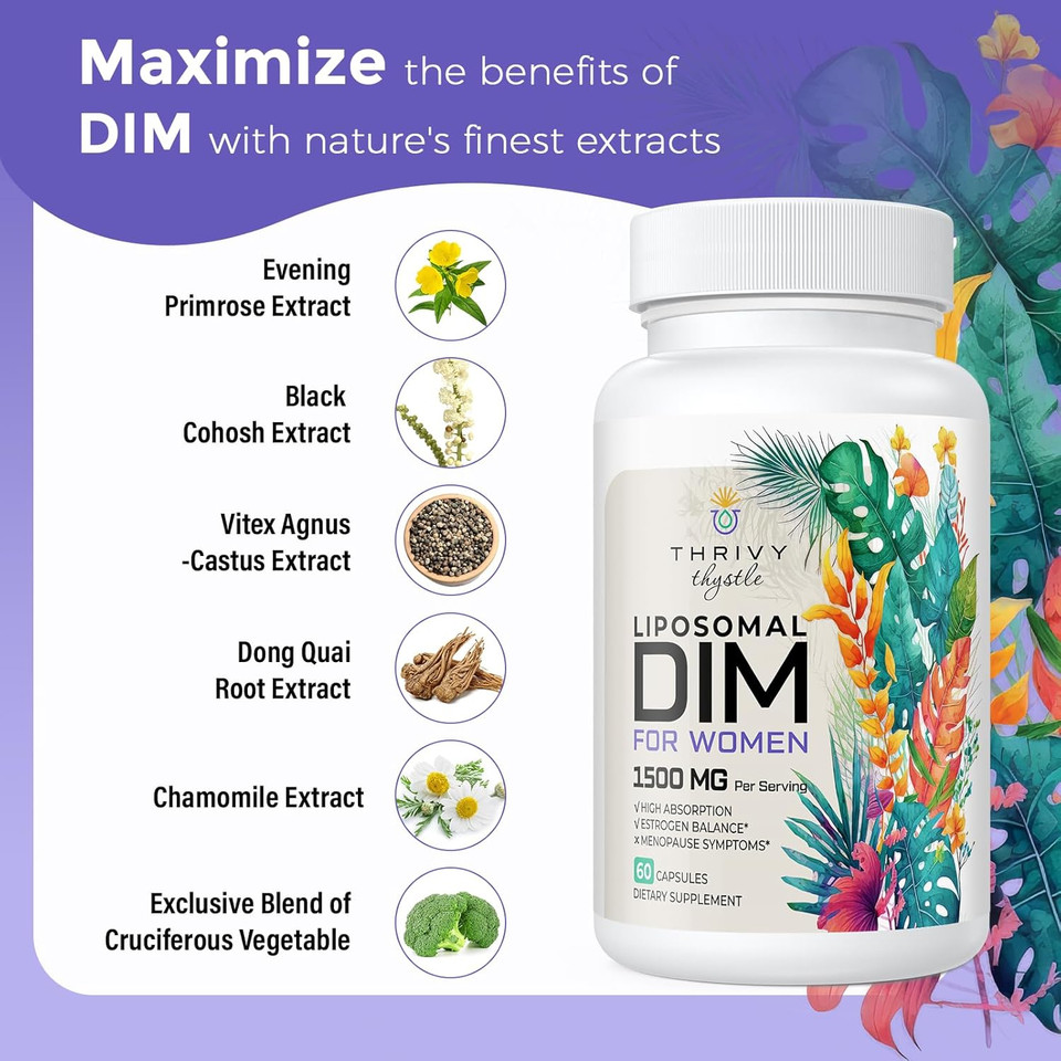 Liposomal Dim Supplement - 1500 Mg Women Dim Supplement - Estrogen Supplements Contain Vitamin E, Evening Primrose, Black Cohosh, Omega-3 Fatty Acids
