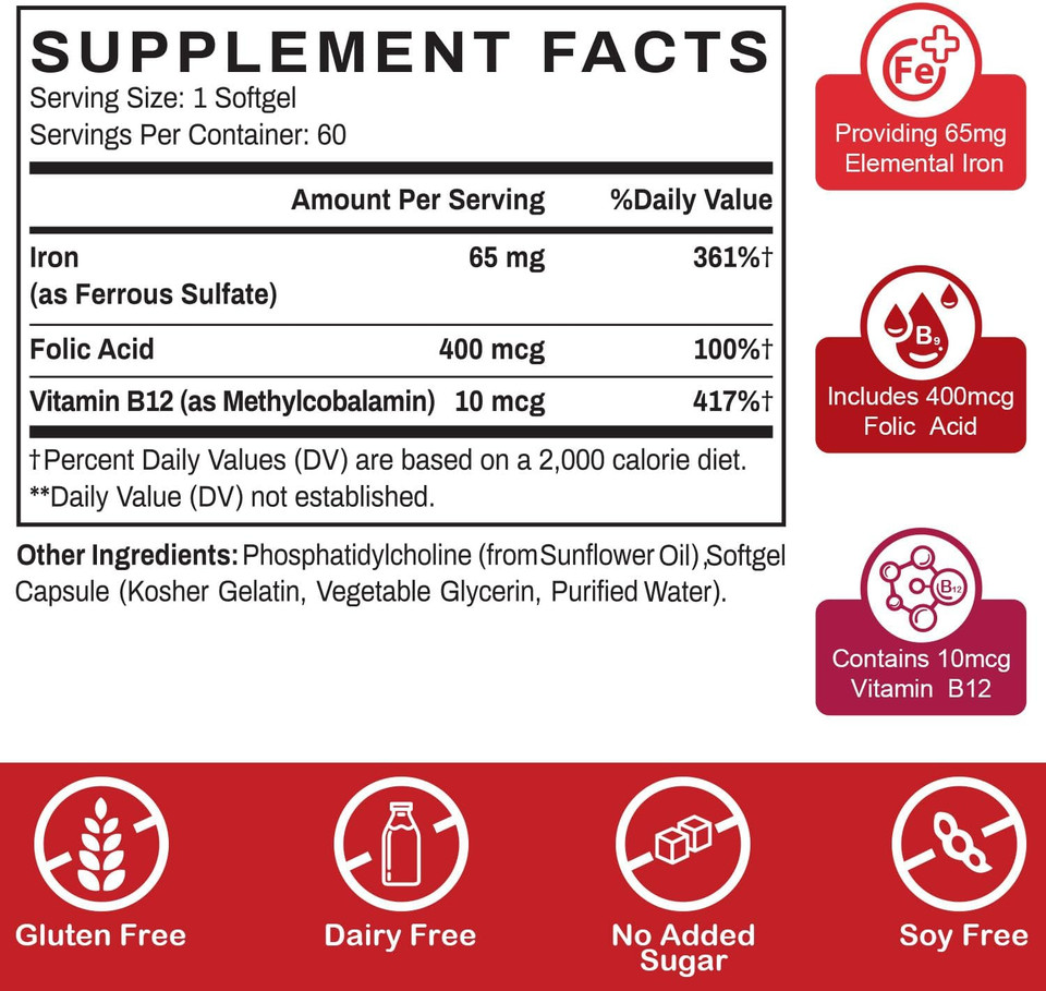 Liposomal Fe Iron Supplement For Women,65 Mg Iron Supplements With Folic Acid & Vitamin B12 For Men,Red Blood Cell Production,Energy Support For Adults Iron Deficiency 60 Softgels(2 Bottle)