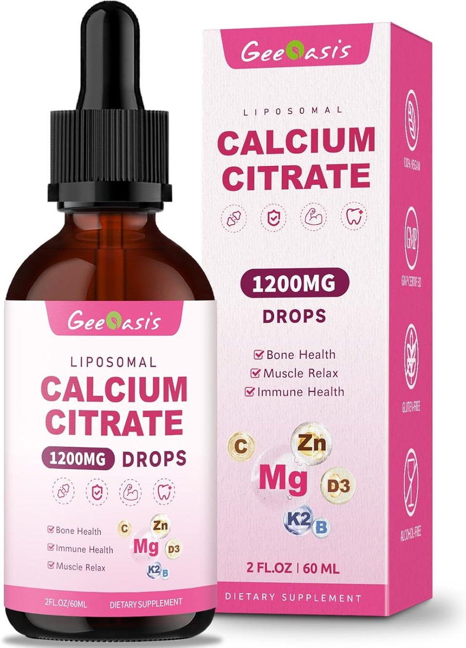 Liposomal Liquid Calcium Citrate Drops 1200Mg, Liquid Calcium Magnesium Zinc Supplement For Women & Kids, With Vitamin C, D3 & K2, Boron, Bone & Muscle Health, Immune & Overall Support, 2 Fl Oz