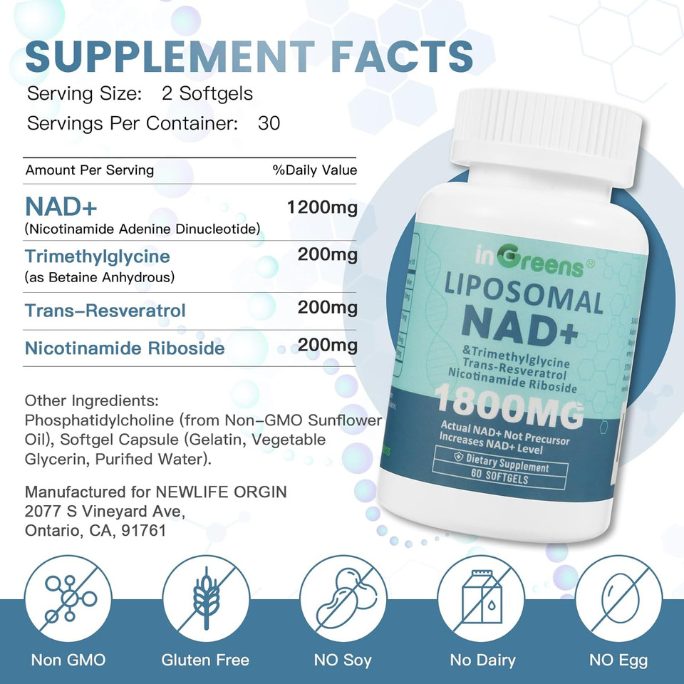 Liposomal Nad+ Supplement 1800 Mg With Nicotinamide Riboside, Trans Resveratrol, Trimethylglycine,Replaces Nmn, Boost Nad+, Aging Defense,Cellular Energy, 120 Softgels