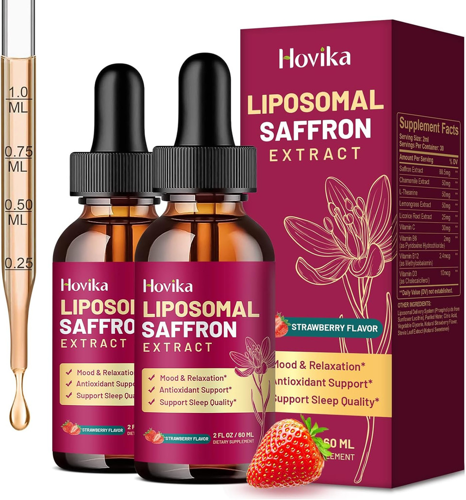 Liposomal Saffron Supplements - 88.5Mg Saffron Extract Liquid Drops With L-Theanine, Chamomile, Vitamin C, B6, B12 & D3 For Antioxidant, Immune, Mood, Energy, Focus & Sleep - 2 Fl Oz Strawberry Flavor