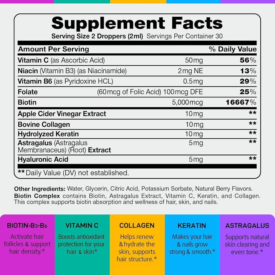 Liquid Biotin 5000Mcg Drops  80,000Mcg Hair Growth Vitamins With Astragalus Collagen & Keratin, Extra Strength Hair Skin And Nails Vitamins - Biotin And Collagen Supplements For Women & Men - 2 Fl Oz