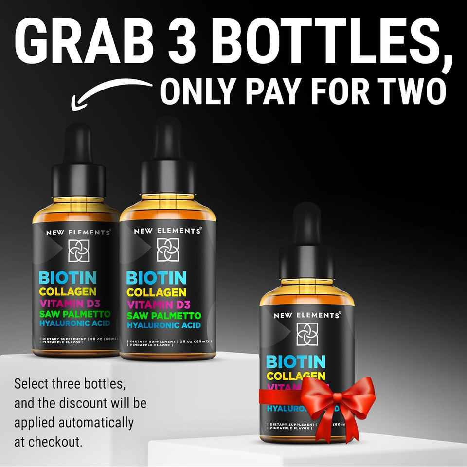 Liquid Biotin Drops With Collagen Vitamin D3 Saw Palmetto & Hyaluronic Acid For Hair Skin And Nails, Hair Growth Supplement For Men & Women | Non-Gmo | Gluten-Free