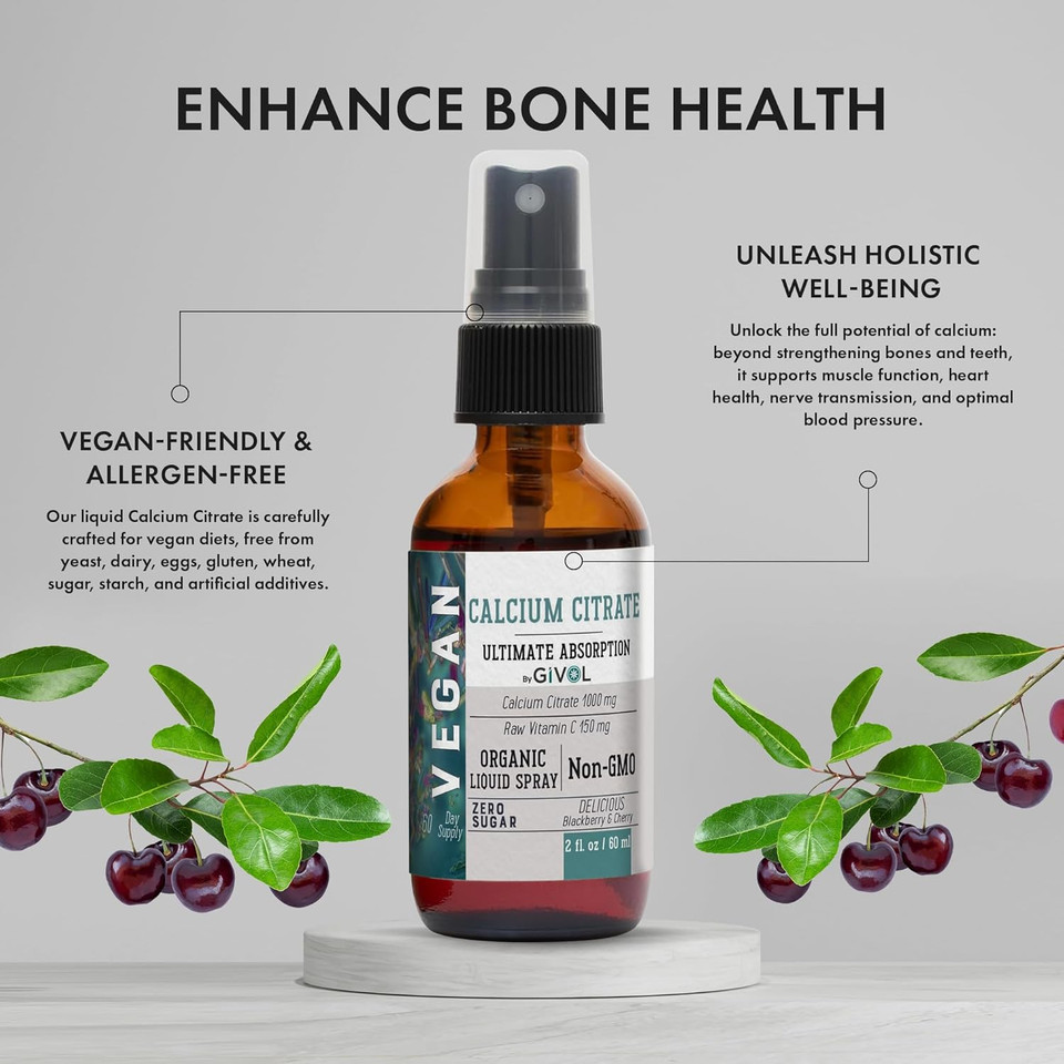 Liquid Calcium Citrate 1000Mg & Raw Vitamin C 150Mg Liquid Spray Mist For Optimal Absorption, Wild Cherry & Blackberry Flavor, Calcium Supplement, Non-Gmo, Gluten Free, Sugar-Free 2Oz (60Ml)