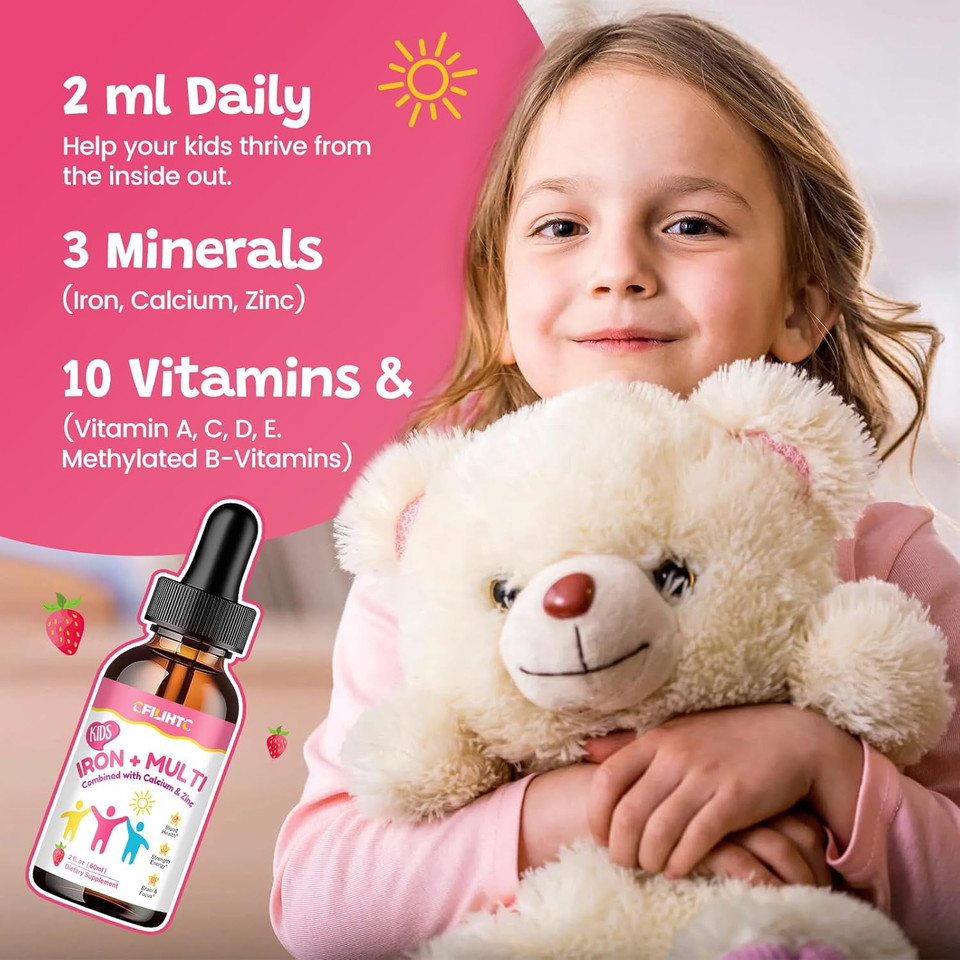 Liquid Iron Supplement For Kids, Women & Men - With Calcium, Zinc, Kids Multivitamin With Iron Drops - Immune Support, Blood Builder & Energy Support For Iron Deficiency, Anemia, Vegan 2 Fl Oz