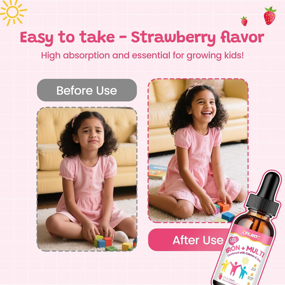 Liquid Iron Supplement For Kids, Women & Men - With Calcium, Zinc, Kids Multivitamin With Iron Drops - Immune Support, Blood Builder & Energy Support For Iron Deficiency, Anemia, Vegan 2 Fl Oz